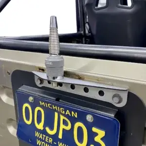 Jeep YJ TJ tailgate CB antenna mount — laser-cut 1/8" steel, raw finish