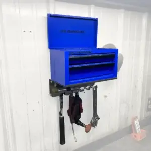 Mini tool box wall mount organizer — laser-cut 14-gauge steel with hammer, air tool, and wrench slots